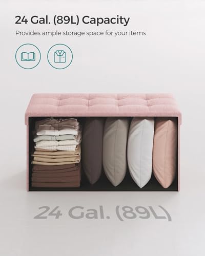 SONGMICS Mazie Collection - 30 Inches Folding Storage Ottoman Bench, Ottoman Foot Rest, End of Bed Bench, Storage Chest, Load 660 lb, for Living Room, Bedroom, Entryway, Jelly Pink ULSF047R11 - color: Jelly Pink, size: 15"D x 30"W x 15"H
