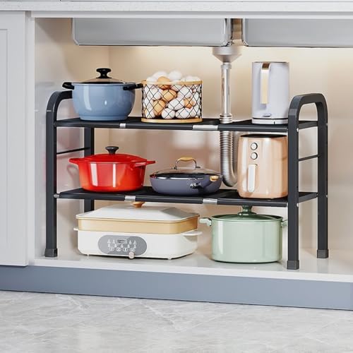 Expandable Under Sink Organizer with 10 Removable Panels, Adjustable Storage 2-Tier Shelf for Kitchen, Bathroom, Pantry,Multi-Purpose Expandable Cabinet Shelf Rack (19-35.5 Inch) (brown, Large) - color: Brown, size: Large