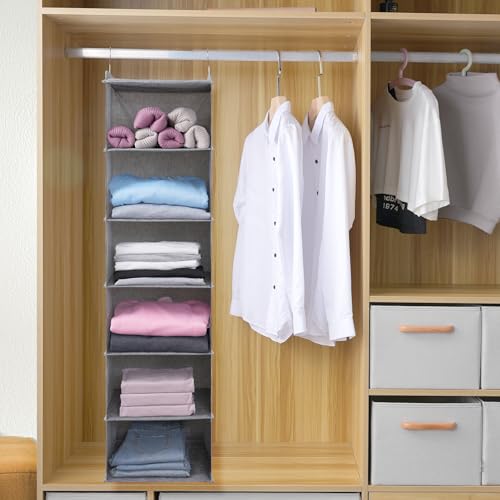 Large Hanging Sweater Organizer for Closet,Collapsible 6-Shelf Hanging Closet Shelves with Drawers, Washable (Grey-6 Shelf) - color: Dark Gray, size: 6 Shelf