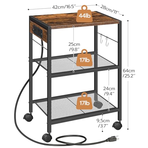 HOOBRO Industrial Printer Stand, 3-Tier Mobile Printer Table, Rolling Cart with Power Outlets and USB Ports, Home Printer Stand with 2 Hooks, for Office, Living Room, Rustic Brown BF22UPS01 - color: Rustic Brown + Black