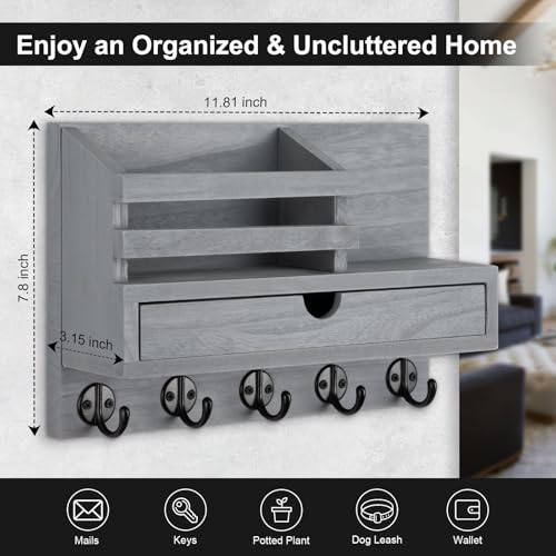 Key Holder Wall Mount, Mail Holder with Storage Drawer and 5 Key Hooks for Coat, Dog Leash, Home Decor Rack, House Accessories, Entry Way Organizer (Gray) - color: Gray, size: Standard - 11.8 Inch