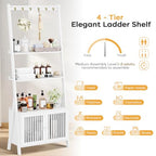 Bookcase with Drawers, 4-Tier Bamboo Bookshelf Ladder Shelf with 6 Hooks, 59.5"H x 24.8"L x 10.6"W, Tall Narrow Freestanding Standing Storage Organizer for Living Room, Office, Bedroom, White - color: 4-tier White