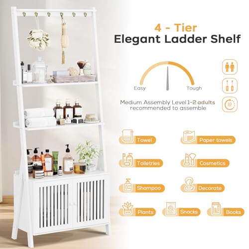 Bookcase with Drawers, 4-Tier Bamboo Bookshelf Ladder Shelf with 6 Hooks, 59.5"H x 24.8"L x 10.6"W, Tall Narrow Freestanding Standing Storage Organizer for Living Room, Office, Bedroom, White - color: 4-tier White