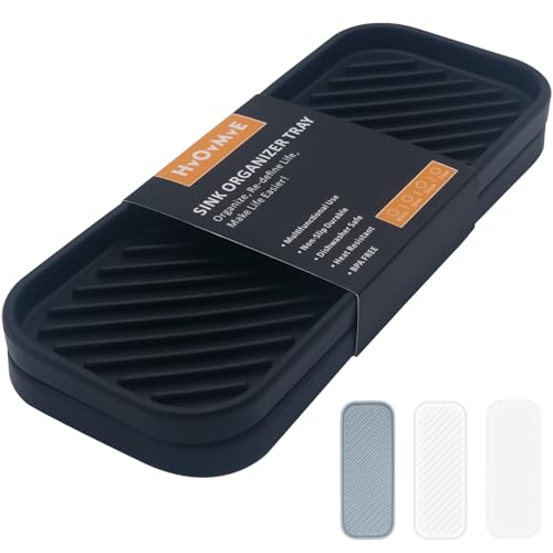 Silicone Organizer Tray, Soap and Sponge Holder for Kitchen Sink, Bathroom - Storage Tray for Dish Brush, Soap Dispenser, Dishwashing Accessories- 2 Pack (Black) - color: Black, size: 9.2 x 3.6 x 0.5 inches