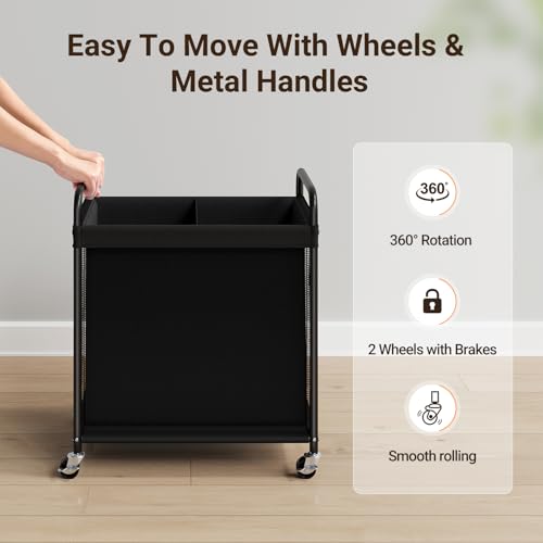 ELYKEN Laundry Hamper 2 Section, 100L Rolling Laundry Sorter with Removable Liner Bag, Laundry Basket with Wheels, Steel Frame with Metal Handle, Clothes Hamper Cart for Laundry Room & Bedroom - color: Black, size: 2-Section