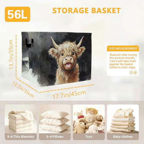 56L Highland Cow Print Laundry Basket Clothes Hamper with Handles,Foldable Blanket Storage Large Laundry Hamper with Waterproof,Toy Storage Bin Organizer,Cube Clothes Organizer,Home Decor - color: Highland Cow
