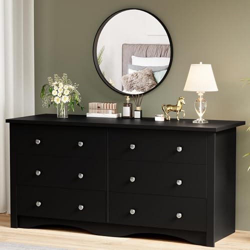 YESHOMY 58'' Dresser for Bedroom, 6 Drawer Dressers, Wood Storage Organizers Units, Hallway,Office(Black) - color: Black