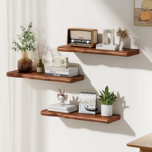 Solid Wood Live Edge Floating Shelves Set of 2 – 24" Rustic Wall Shelf with Hidden Bracket System, Wall Mounted Shelves for Bathroom, Kitchen, Living Room, Bedroom (Glazed Walnut) - color: Glazed Walnut, size: 24 inch - 2pcs