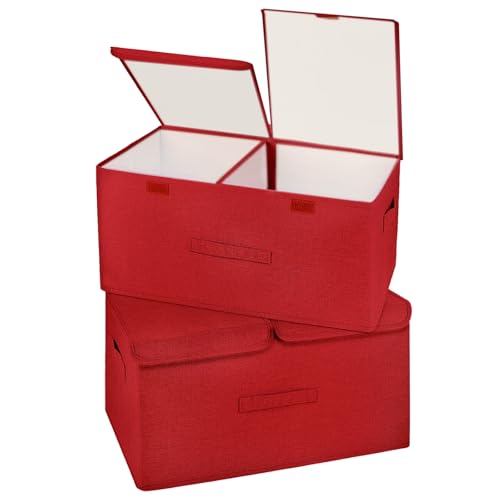 2 Pack Storage Boxes with Lids and Handles, Collapsible Linen Storage Bins Organizer Containers Baskets Cube with Removable Divider for Home Bedroom Closet Office (Red, Large) - color: Red, size: Large