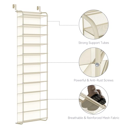 Whitmor 36 Pair Over The Door Shoe Organizer, 12 Tier Hanging Shoe Organizer, Heavy Duty Metal & Mesh Shoe Holder, Hanging Shoe Rack for Closet Organizer & Storage, 69"L x 21.7"W x 7.5"H, Beige - color: Beige, size: Shoe Rack