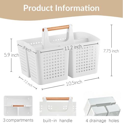 Portable Shower Caddy Basket with Compartments, Plastic Divided Cleaning Caddy Organizer Storage Tote with Handle for Bathroom, College, Dorm Room Essentials, White - color: White