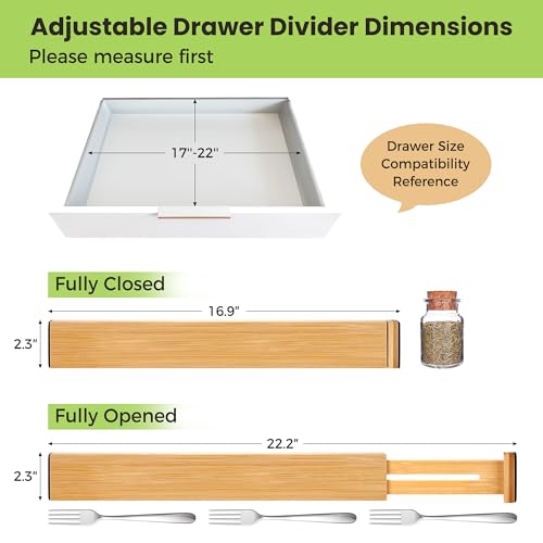 Fyvva Drawer Divider, Adjustable Bamboo Kitchen Drawer Organizer, Spring Loaded Drawer Organizer, Dresser Separators for Kitchen, Bathroom, Clothes, Office Desk Storage (Natural, 8 Pack Large) - size: 8 Pack Large