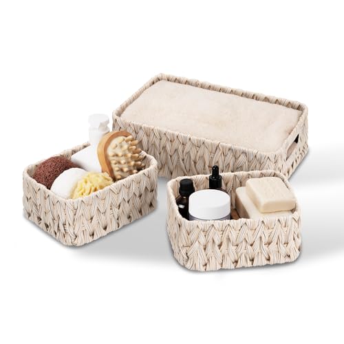GRANNY SAYS Wicker Baskets for Storage, Wicker Storage Basket for Organizing, Small Woven Baskets, Waterproof Basket for Vanity, Home Decor, 3-Pack - color: Butter Milk, size: 13"L x 9"W x 4"H + 2x 7¾"L x 5¾"W x 3½"H