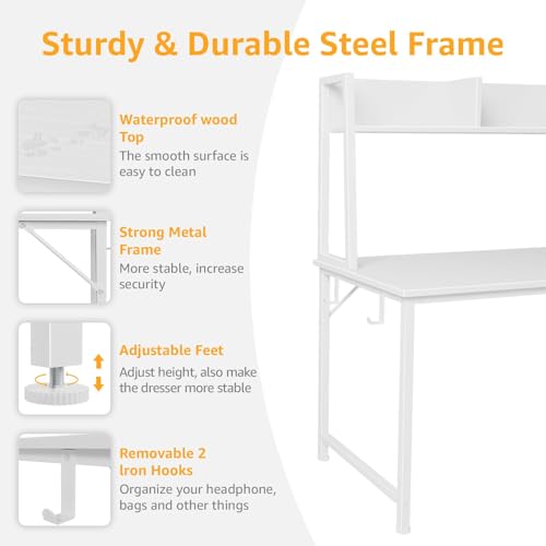 DLisiting White Computer Desk with Hutch & Drawers - 47 Inch Modern Study Writing Office Desk with 3 Storage Drawers and Power Outlets for Bedroom Home Office - color: White