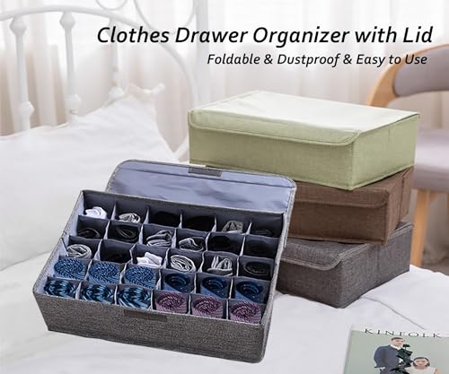 AARAINBOW 4 Packs Underwear Socks Ties Storage Organizer with Lids Foldable Closet Drawer Organizer 120 Cells, Fabric Wardrobe Divider Storage Boxes for Scarves and Lingerie (30 Cell, 4 Gray) - color: Gray, size: 4*30 Cells