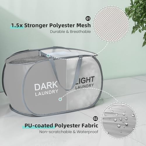 TECHMILLY Collapsible Laundry Basket Durable Pop Up Hamper with 2 Compartments for Sort and Storage, Portable Dirty Clothes Hamper for Dorm, Laundry Room or Travel (Grey + Begie) - color: Grey + Begie, size: 1 Pack