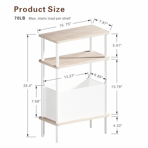 Narrow Side Table with Fabric Basket, End Table for Small Spaces, Slim Nightstand with 3-Tier Storage Shelf, Sofa Beside Table, for Living Room, Bed Room, Natrual Oak - color: Natrual Oak