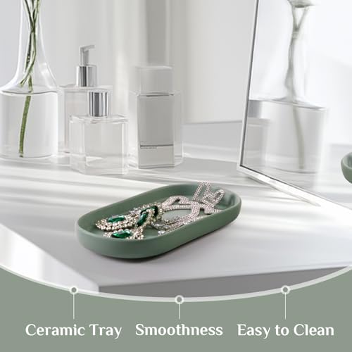 Ceramic Jewelry Tray – Oval Vanity Dish for Rings, Earrings, Bracelets – Minimalist Decorative Trinket Holder for Dresser, Bathroom, Nightstand – Matte Green - color: Green_1pcs