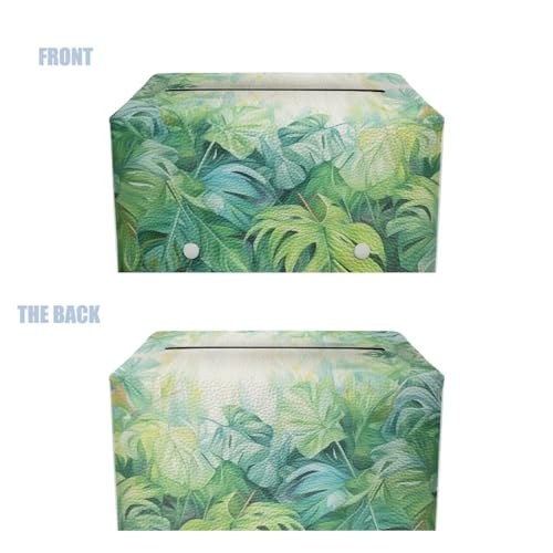 Green Palm Leaves Leather Tissue Box Cover PU Leather Facial Tissue Tissue Box Cover Rectangle Square Leather Tissue Cover Decorative Organizer for Bathroom Vanity Countertop - color: Green Palm Leaves