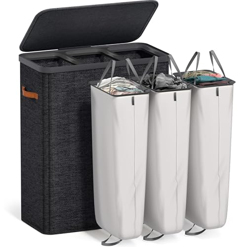 Sorbus Laundry Hamper with Lid - Collapsible 3-Compartment Fabric Laundry Basket with Handles and Removable Laundry Bag – 50 Gallon (190 L) Dirty Clothes Hamper for Bedroom, bathroom and dorm (Black) - color: Black, size: 3 Compartment
