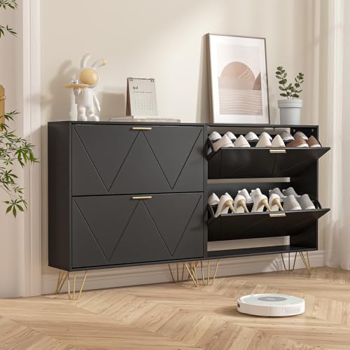 LYNSOM 2er Set Shoe Cabinet with 4 Flip Drawers, Black Shoe Storage Cabinet, Slim Wooden Freestanding Shoe Rack, Shoe Organizer with Fluted Panel for Entryway Hallway - color: Black, size: Set of 2