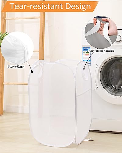 Durable Collapsible Laundry Baskets, Reinforced Mesh Pop Up Laundry Hamper, Foldable Clothes Hampers with Carry Handles for Laundry, Bathroom, Kids Room, Dorm or Travel White - color: White, size: Pop Vertical