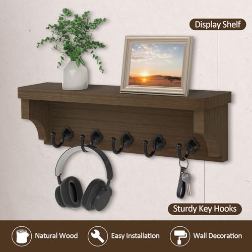 Nekon Key Holder for Wall, 11.8" W x 3.5" H x 2.8" D Decorative Key Organizer with Floating Shelf, Wall Mount Key Rack with 5 Hooks (Rustic Brown) - color: Rustic Brown