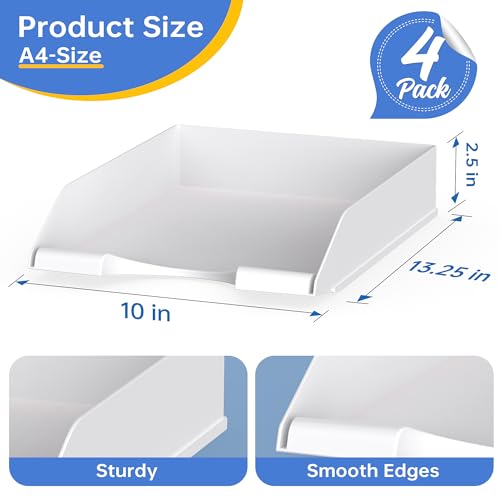 4 Pack Stackable Paper Trays for Letter Documents, Desktop File Organizers for Office Supplies, Stackable Desk Tray Holder for Paper Storage, White - color: White