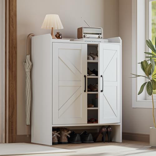 Mericonia Farmhouse Shoe Cabinet with Doors, Modern Large 5-Tier Shoe Storage Cabinet with Adjustable Shelves, Wooden Shoe Organizer for Entryway, Hallway, Closet, Bedroom, Living Room - color: B-white