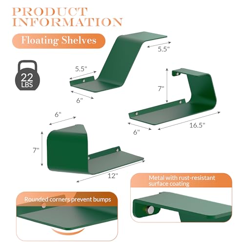 Floating Shelves, Wall Shelf, Set of 3 Mounted Metal Shelves with Unique Design for Wall Storage, Book Shelf, Display Shelves for Bathroom Bedroom Kitchen Living Room for Home Green - color: Green