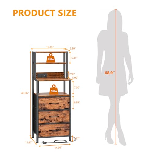 Furnulem Night Stand, Tall Nightstand with 4-Tier Shelves and 3 Fabric Drawers, LED Bed Side Tables with Charging Station, Bedside Table for Bedroom, Hallway, Office, Rustic Brown - color: Rustic Brown, size: 3 Drawer
