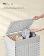 SONGMICS Laundry Hamper with Lid, 23.8 Gallon (90 L) Synthetic Rattan Clothes Laundry Basket with Lid and Handles, Foldable, Removable Liner, Cloud White ULCB51WT - color: Cloud White, size: 90 L