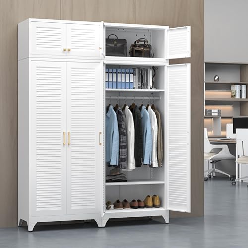 UNICOLY Armoire Wardrobe Closet with Doors, 86'' Wardrobe Cabinet with Hanging Rod, Metal Closet with 2 Adjustable Shelves for Bedroom School, Employee, Gym, White, Shipped in 2 Packages - color: White, size: 86 Inch Louvered Doors