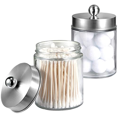 Amolliar 4Pc Apothecary Jars Bathroom Vanity Storage Organizer Set -Countertop Canister with Stainless Steel Lids &Stickers - Qtip Dispenser Holder for Qtip,Cotton Swab,Makeup Sponge (Brushed Nickel) - color: Brushed Nickel