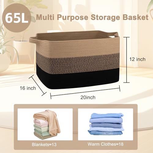 OIAHOMY Large Blanket Basket, 65L Cotton Rope Woven Laundry Basket, Toy Bin for Baby Room, Container for Blanket Storage in Living Room, 20''×16''×12'', Brown & Black - color: Brown & Black, size: 65L