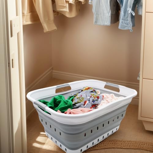 SAMMART 42L (11 gallon) Collapsible Plastic Laundry Basket - Foldable Pop Up Storage Container/Organizer - Space Saving Hamper/Basket (1, White/Grey) - color: White/Grey