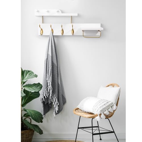 Coat Rack Wall Mount with Shelf, 4 in 1 Wood Coat Hooks with Key and Mail Holder, 17 Inch Entryway Hanging Shelf with Sunglasses Holder and 4 Metal Hooks for Clothes Hats Bag, White and Gold - color: White