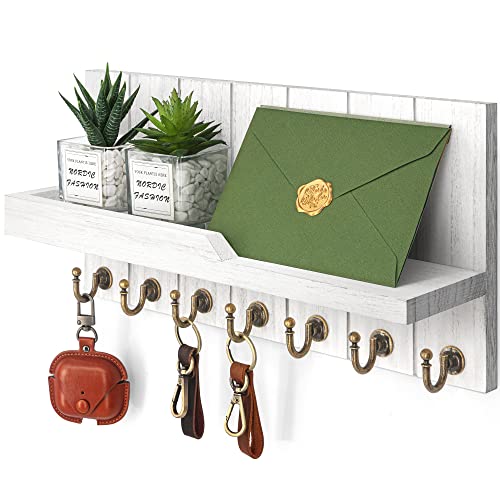 Rebee Vision Decorative Key and Mail Holder for Wall - Farmhouse 15 Inches Floating Shelf with 7 Sturdy Key Hooks for Home Entryway Wall Decor - Rustic Key Racks (White,15-inch) - color: White, size: 15-inch