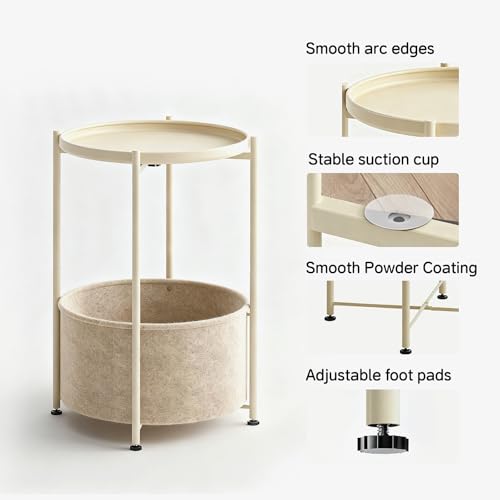 Small Round Side Table with Felt Storage Basket, Metal End Table with Removable Tray and Adjustable Feet, Accent Table for Nursery, Bedroom, Living Room, Laundry Room, Gold - color: Gold