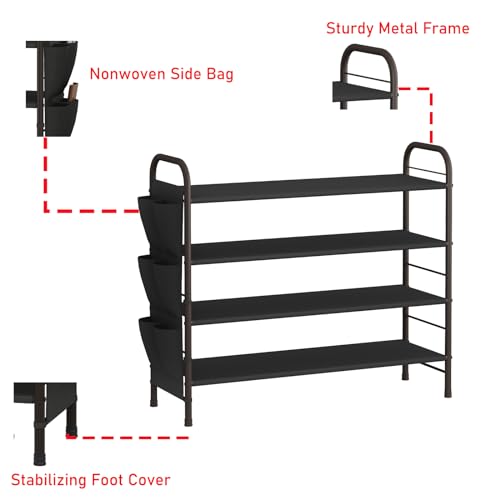 SUOERNUO Shoe Rack Storage Organizer 4 Tier Free Standing Metal Shoe Shelf Compact Shoe Organizer with Side Bag for Entryway Closet Bedroom,Bronze - color: Bronze, size: 4 Tier