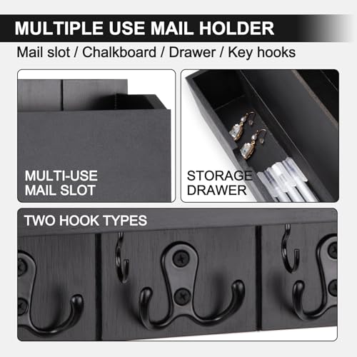 Mail and Key Holder Wall Mount with Storage Drawer – Modern Wooden Mail Organizer for Wall Entryway, 7 Key Hooks & Chalkboard Panel – Stylish Home Decor for Apartments, Living Room, Office - color: Black