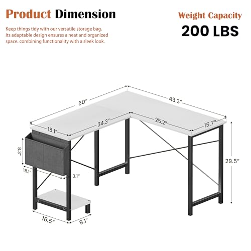 Alpen L Shaped Gaming Desk, Small Computer Desk, 50 Inch Wide Corner Desk, Work from Home Desk, Study Table for Bedrooms, PC Writing Table with Storage and Reversible Shelf, White - color: White, size: 50 Inches