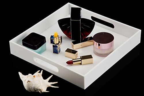 KEVLANG Glossy White Sturdy Acrylic Serving Tray with Handles-10x10Inch-Serving Coffee,Appetizer,Breakfast,Butler-Kitchen Countertop-Makeup Drawer Organizer-Vanity Table,Ottoman Tray-Decorative Tray - color: Glossy White, size: 10" x 10" x 2"