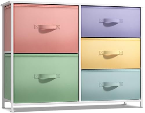 Sorbus Kids Dresser with 5 Drawers - Storage Chest Organizer Unit with Steel Frame, Wood Top & Handles, Tie-dye Fabric Bins for Clothes - Wide Furniture for Bedroom Hallway Kids Room Nursery & Closet - color: Pastel/White, style: 5-Drawer