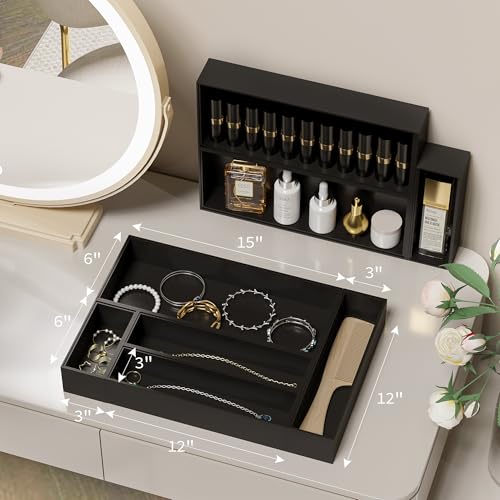 Kitchen Drawer Organizer Bins, Black Bamboo Drawer Organizer Stackable for Silverware, Utensils, Cutlery, Flatware, for Junk Drawer, Dresser, Bathroom, 12" x 3" x 2.5" (Set of 2) - color: Black, size: 12 x 3 x 2.5 Inch