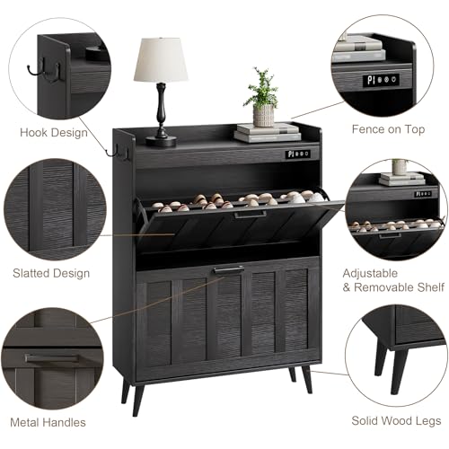 ChooChoo Shoe Storage Cabinet with 2 Flip Drawers, Deodorizing Shoe Organizer Storage for Entryway, Freestanding Hidden Slim Narrow Shoe Rack Cabinet, Black - color: Black, size: 2-Drawers