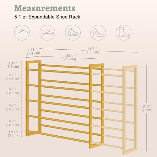 FAVOOSTY 3-Tier Expandable Shoe Rack, Adjustable Shoe Shelf Storage Organizer Space Saving Metal Free Standing Shoe Rack for Entryway Closet Doorway, Silver Grey (Gold, 5 Tier) - color: Gold, size: 5 Tier
