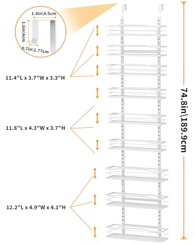 Moforoco White Narrow 9-Tier Over The Door Pantry Organizer, Pantry Organization and Storage, Metal Hanging Basket Wall Spice Rack Seasoning Shelves, 12.2" - color: White, size: 9-Tier Narrow