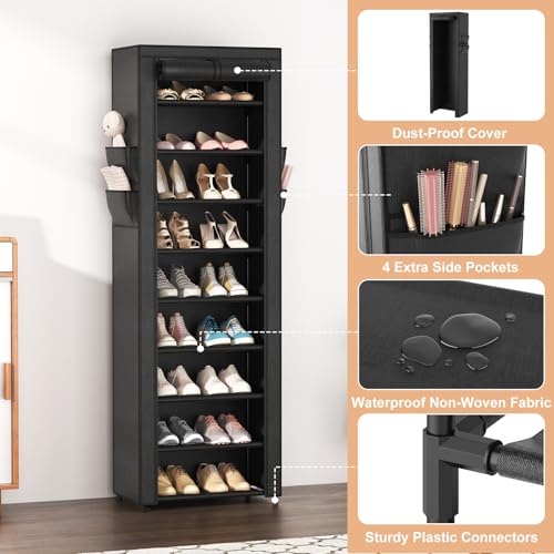 VILICK Shoe Rack with Cover Narrow Shoe Organizer with 4 Side Pockets 10 Tier Tall Shoe Storage Holds 18-22 Pairs Shoes and Boots Shoe Rack for Closet Entryway Garage - color: Black, size: 10 Tiers-17.7" Wide