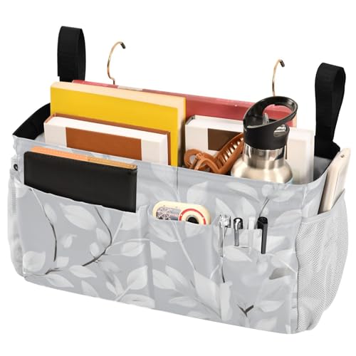 Bedside Caddy Metal Frame Hanging Organizer Bunk Bed Dorm Accessories Hook And Loop Storage Bag Large Pockets Light Grey Leaves - color: Light Grey Leaves